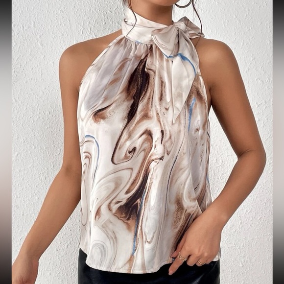 Elegant WaterColor Marble Print Tie Neck Cowl Neck Top Blouse Shirt Boho - Picture 3 of 6